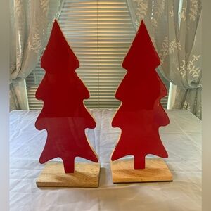 Red Holiday Tree Decorations. Wooden 17.5 in set of 2